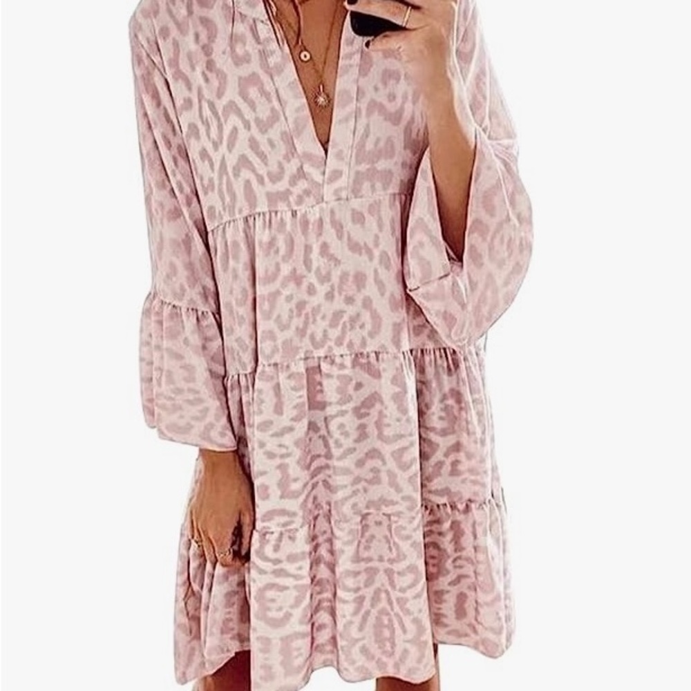 Casual V Neck Babydoll Tunic Dress Pink Leopard Ruffles Loose Flowy